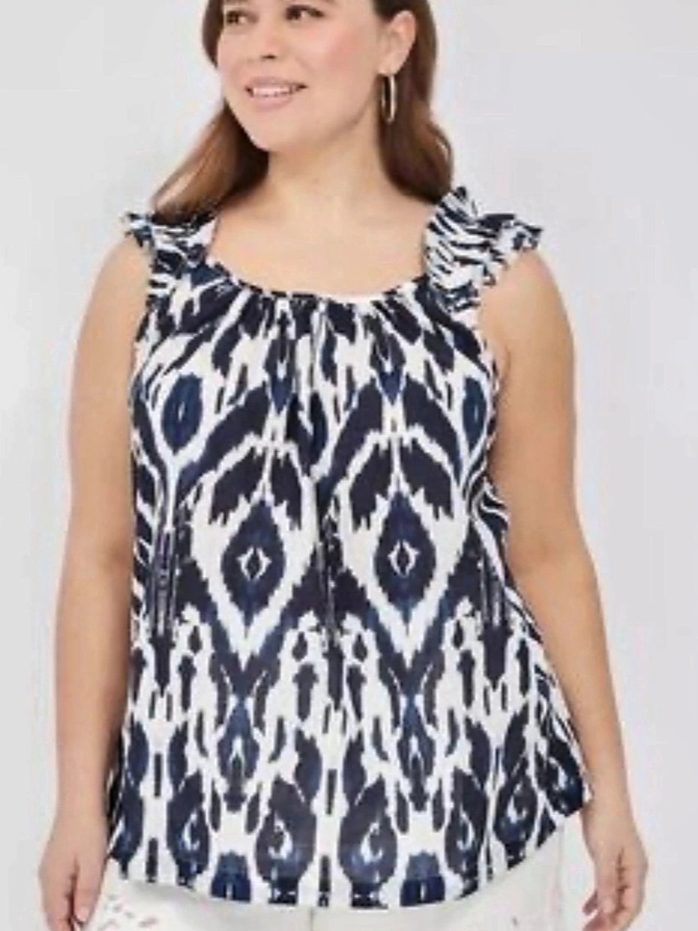 Lane Bryant Geometric Ruffle Sleeve Cotton Blouse in Blue & White Size 16